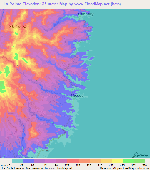 La Pointe,Saint Lucia Elevation Map