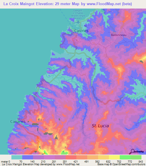 La Croix Maingot,Saint Lucia Elevation Map