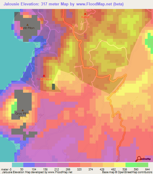 Jalousie,Saint Lucia Elevation Map
