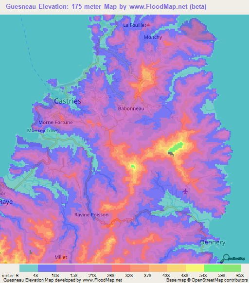 Guesneau,Saint Lucia Elevation Map