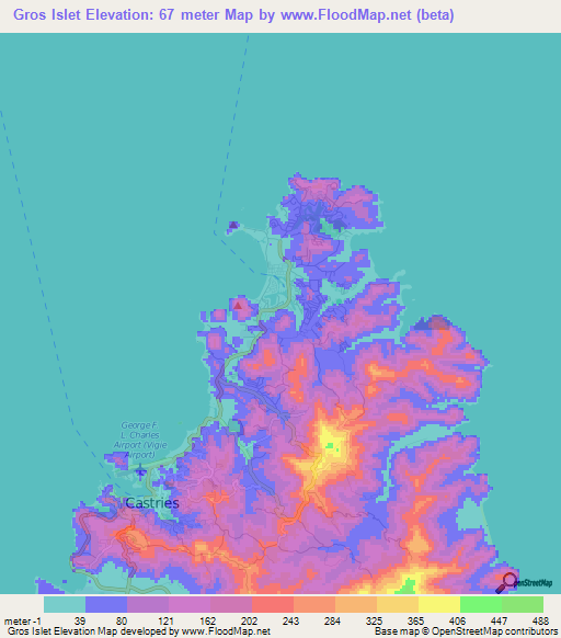 Gros Islet,Saint Lucia Elevation Map