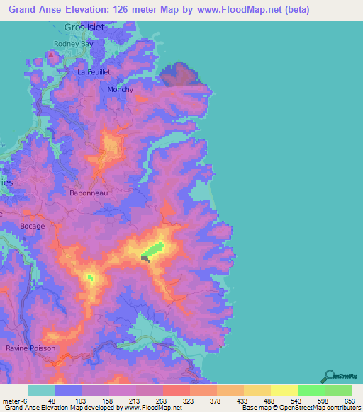 Grand Anse,Saint Lucia Elevation Map