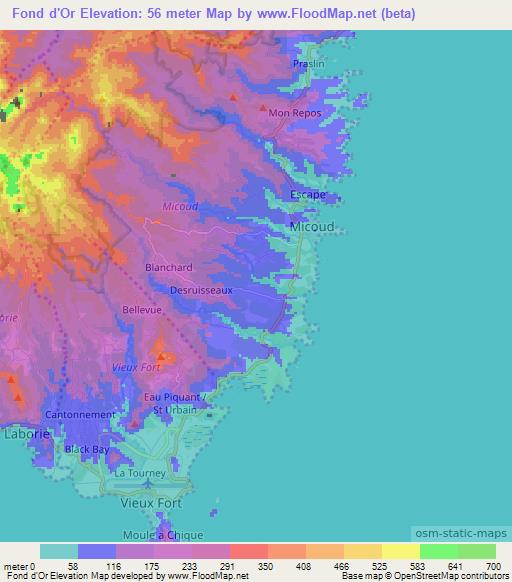 Fond d'Or,Saint Lucia Elevation Map