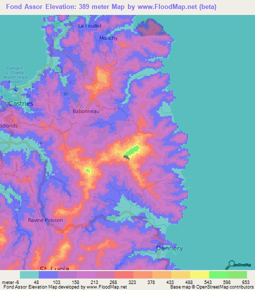 Fond Assor,Saint Lucia Elevation Map