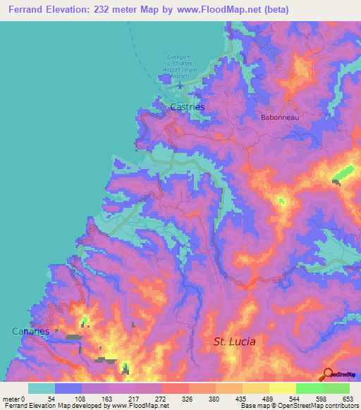 Ferrand,Saint Lucia Elevation Map