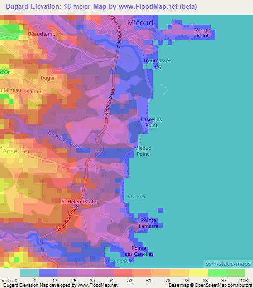 Dugard,Saint Lucia Elevation Map