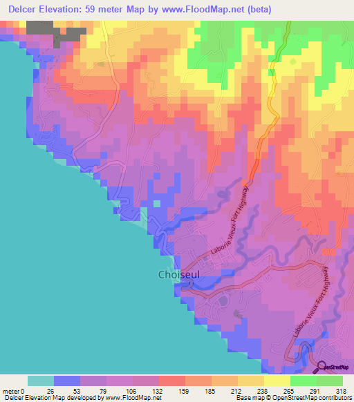 Delcer,Saint Lucia Elevation Map