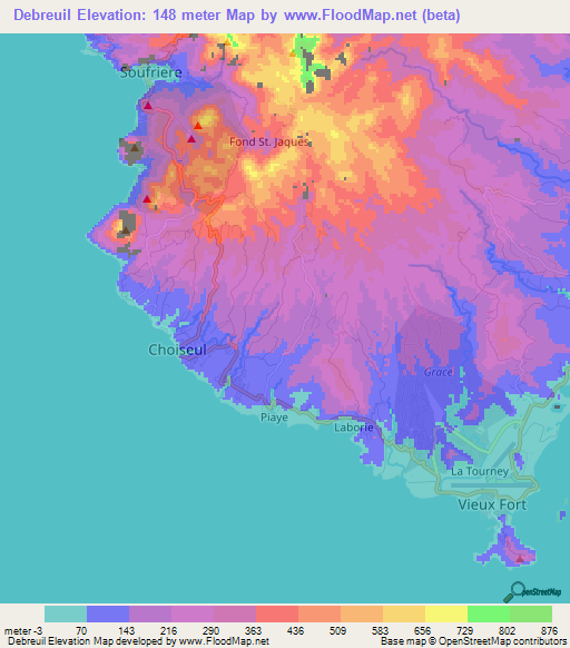 Debreuil,Saint Lucia Elevation Map