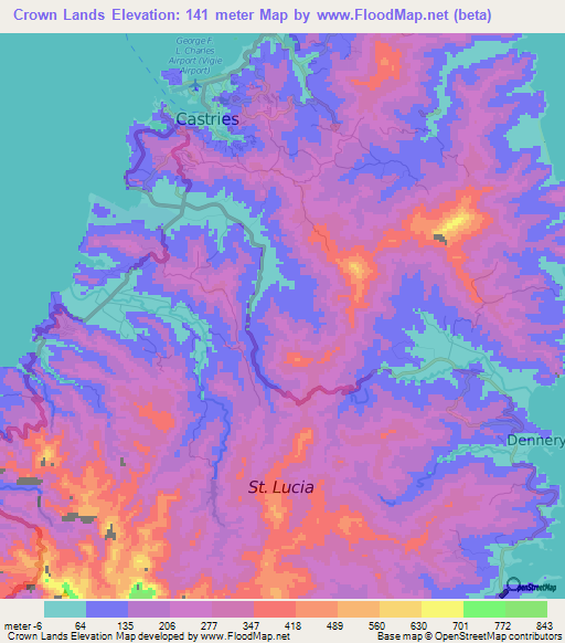 Crown Lands,Saint Lucia Elevation Map