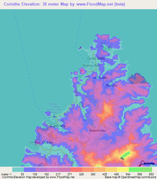Corinthe,Saint Lucia Elevation Map