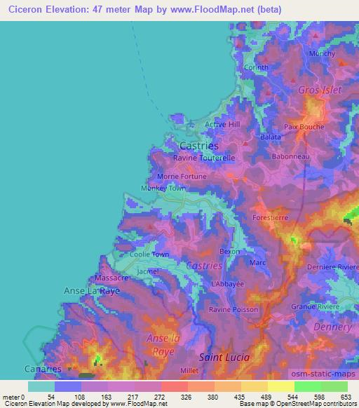 Ciceron,Saint Lucia Elevation Map