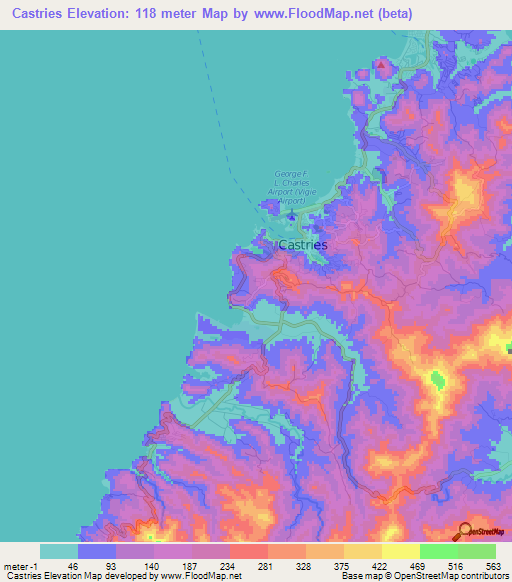 Castries,Saint Lucia Elevation Map