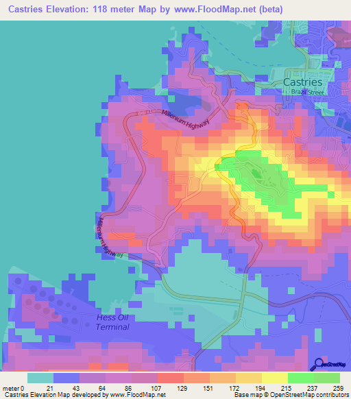 Castries,Saint Lucia Elevation Map