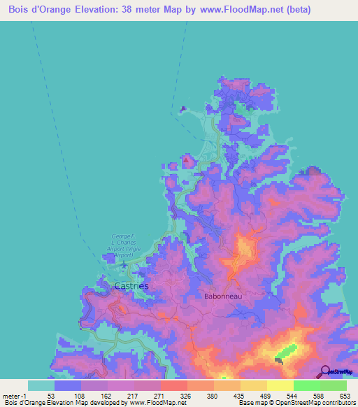 Bois d'Orange,Saint Lucia Elevation Map