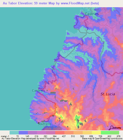 Au Tabor,Saint Lucia Elevation Map