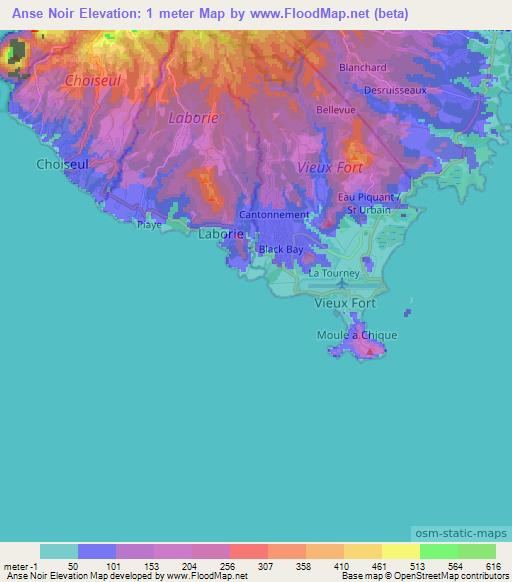 Anse Noir,Saint Lucia Elevation Map