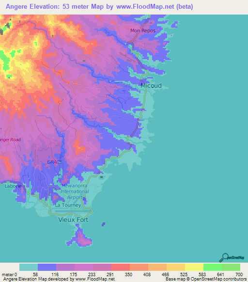 Angere,Saint Lucia Elevation Map