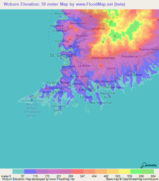 Woburn,Grenada Elevation Map