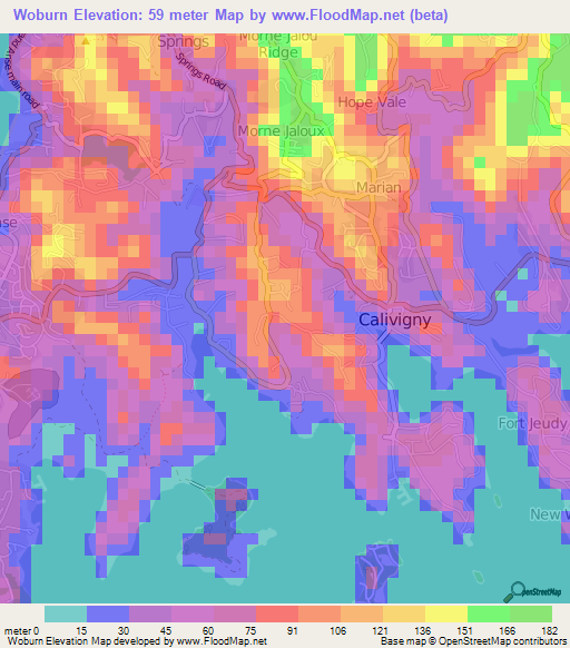 Woburn,Grenada Elevation Map