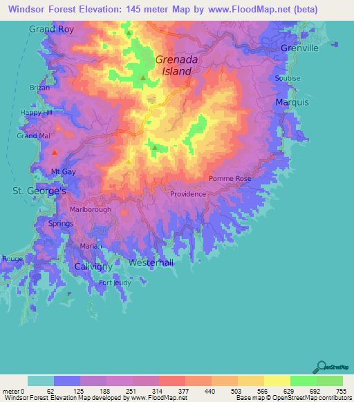 Windsor Forest,Grenada Elevation Map