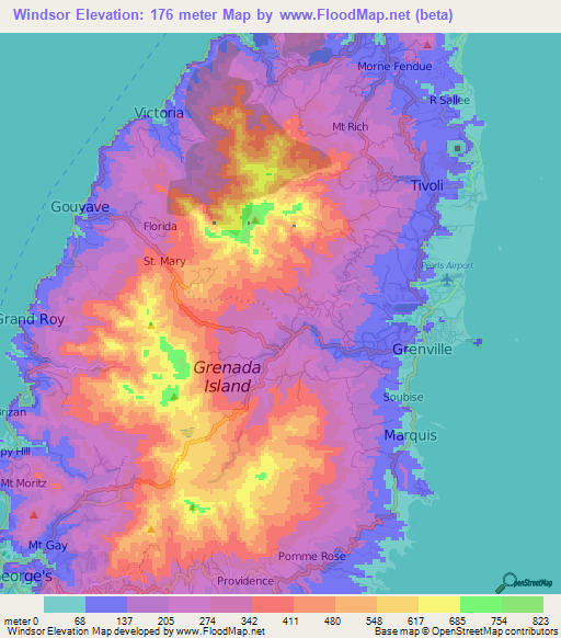 Windsor,Grenada Elevation Map