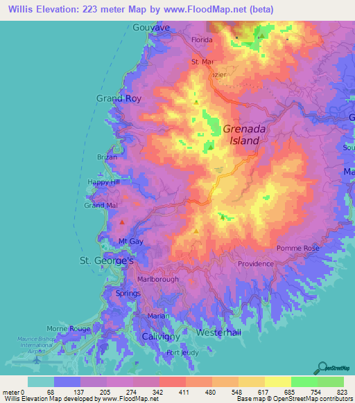 Willis,Grenada Elevation Map