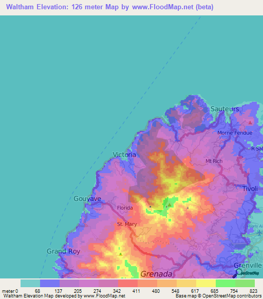 Waltham,Grenada Elevation Map