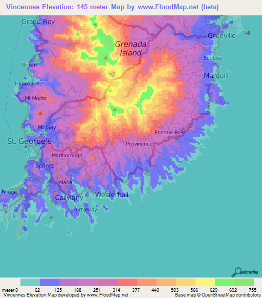 Vincennes,Grenada Elevation Map