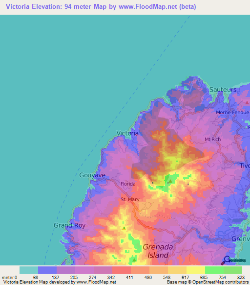 Victoria,Grenada Elevation Map