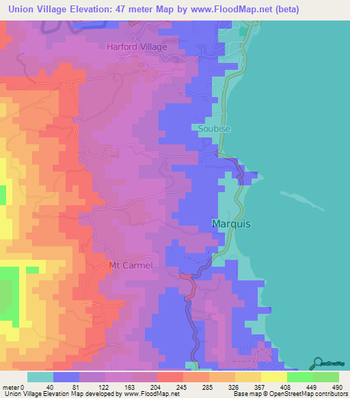 Union Village,Grenada Elevation Map
