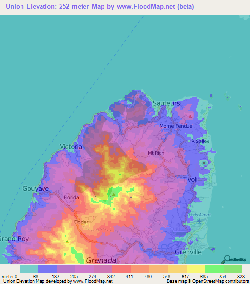 Union,Grenada Elevation Map