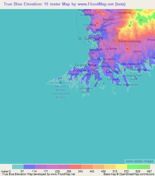 True Blue,Grenada Elevation Map