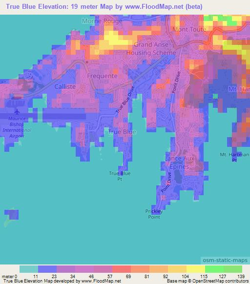 True Blue,Grenada Elevation Map