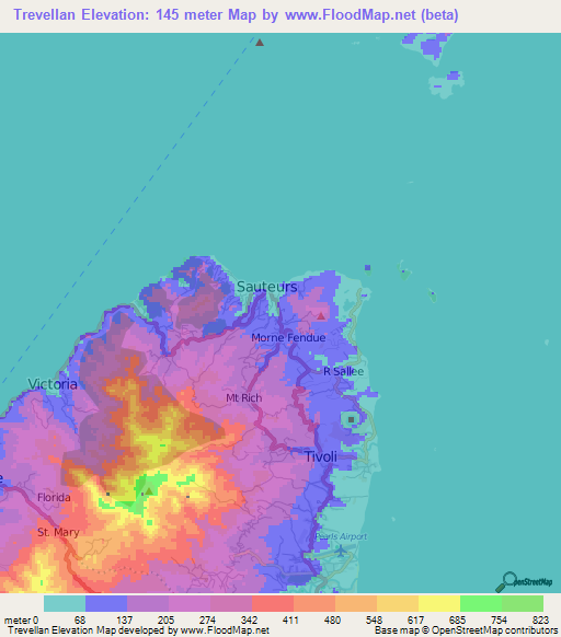 Trevellan,Grenada Elevation Map