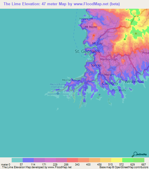 The Lime,Grenada Elevation Map