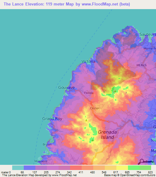 The Lance,Grenada Elevation Map