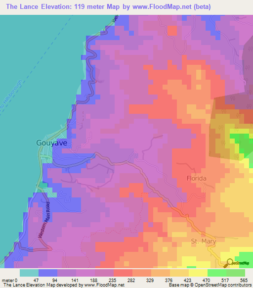 The Lance,Grenada Elevation Map