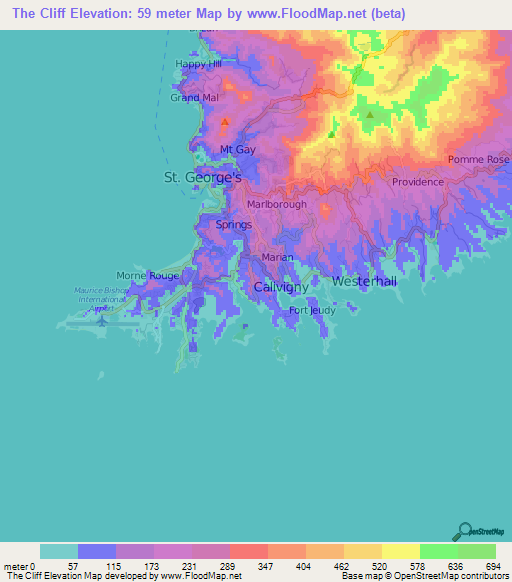 The Cliff,Grenada Elevation Map