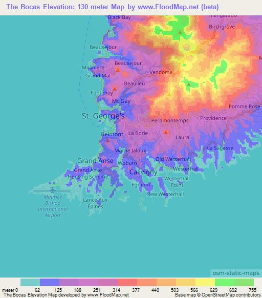 The Bocas,Grenada Elevation Map