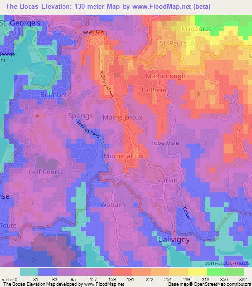 The Bocas,Grenada Elevation Map
