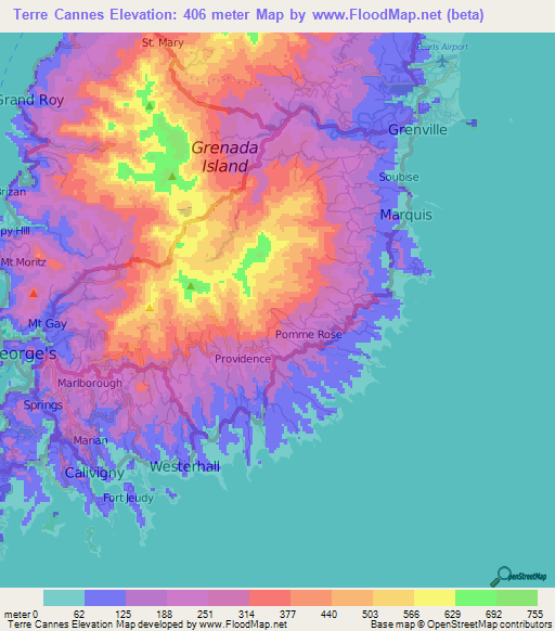 Terre Cannes,Grenada Elevation Map