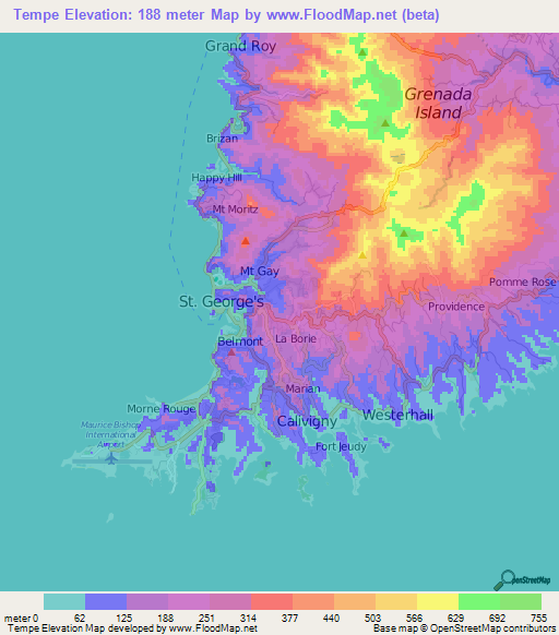 Tempe,Grenada Elevation Map