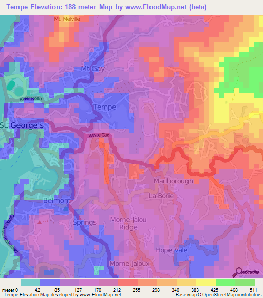 Tempe,Grenada Elevation Map