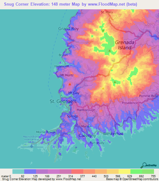 Snug Corner,Grenada Elevation Map