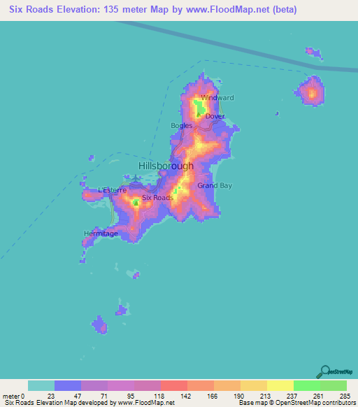 Six Roads,Grenada Elevation Map