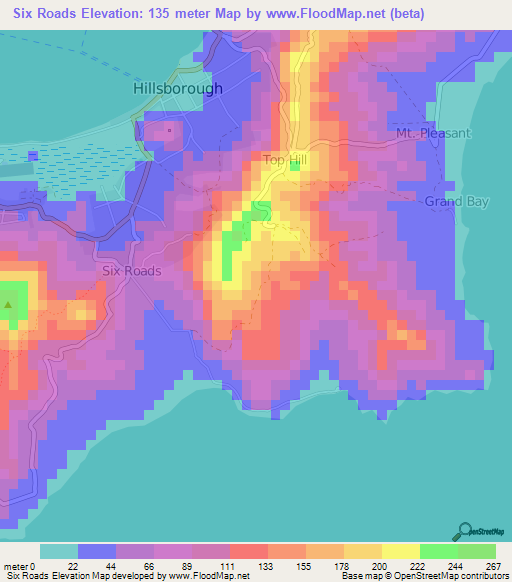 Six Roads,Grenada Elevation Map