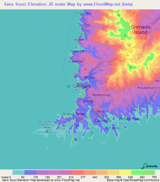 Sans Souci,Grenada Elevation Map