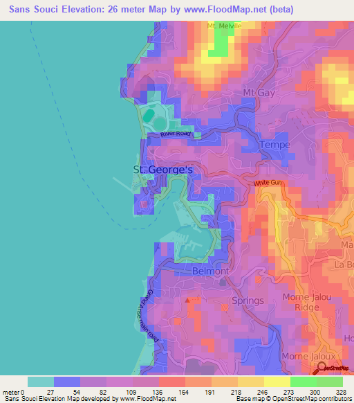 Sans Souci,Grenada Elevation Map