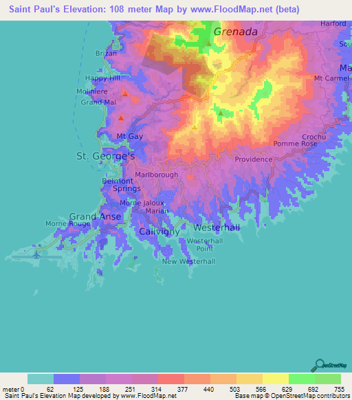 Saint Paul's,Grenada Elevation Map