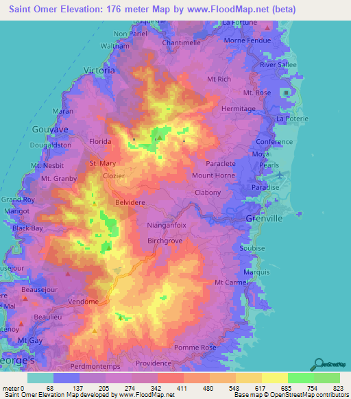 Saint Omer,Grenada Elevation Map